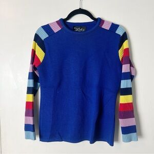 Lido of California Women’s Vintage Sweater Striped Ribbed Sleeves Knit Blue Sz S